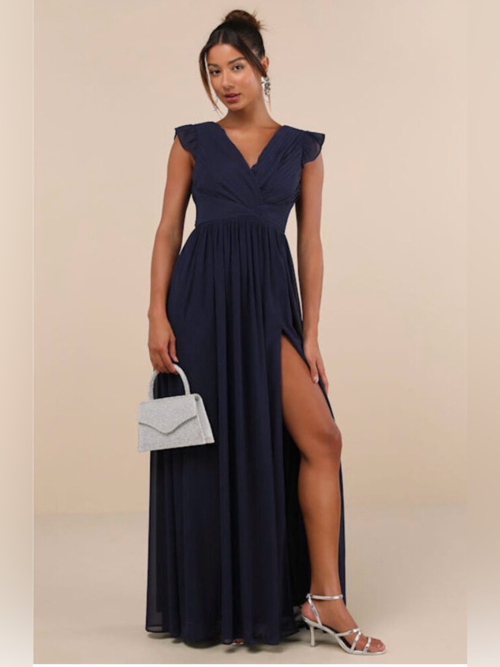 Lulus Gorgeous Goal Navy Pleated Backless Surplice Maxi Dress Blue - Size L
